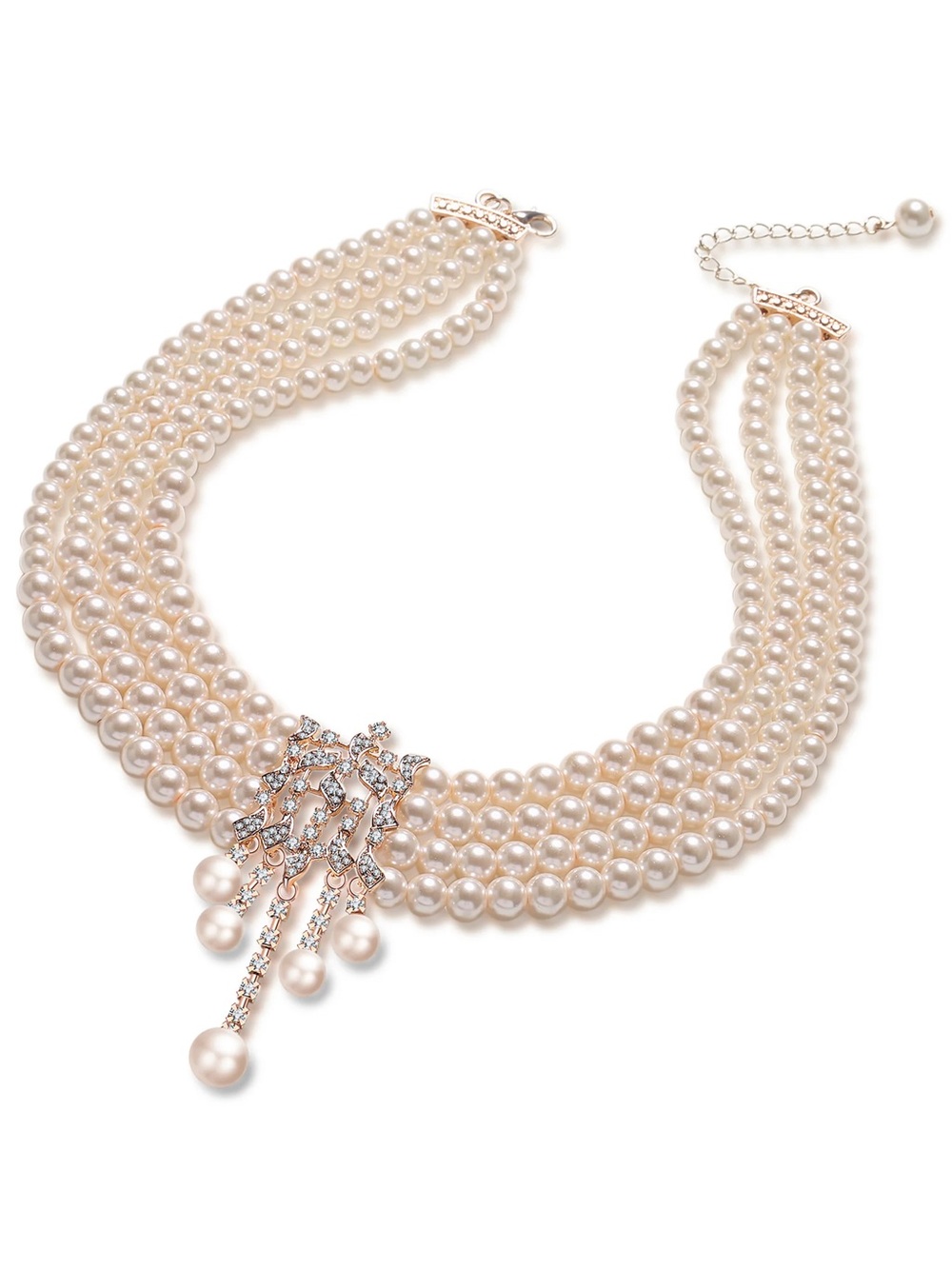 Multi-Strand Pearl Choker Necklace with Crystal Pendant - Ivory